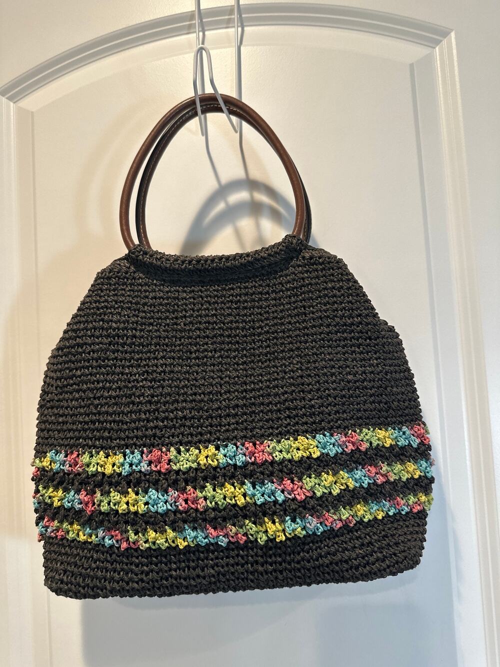 Relativity Black Crocheted Raffia Shoulder Bag with Multicolored Stripes